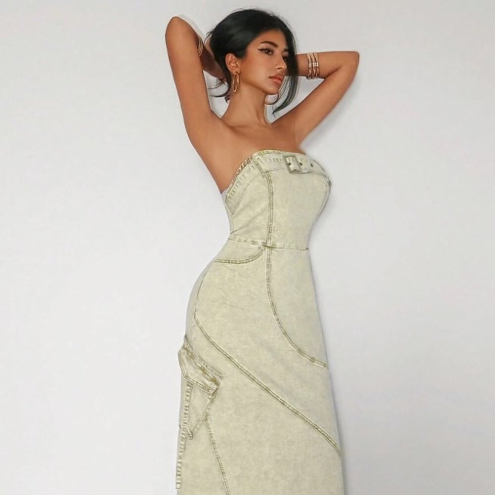 Women’s Iris Denim Strapless Buckle Patchwork Maxi Dress - Picture 5 of 6